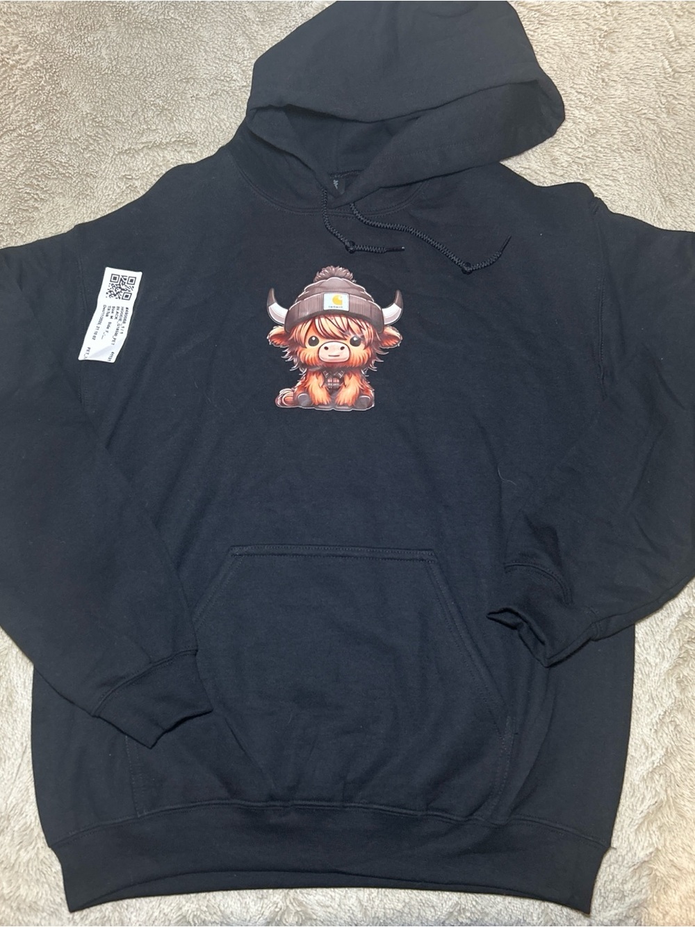 Gildan Black Pullover Hoodie with Highland Cow Cartoon